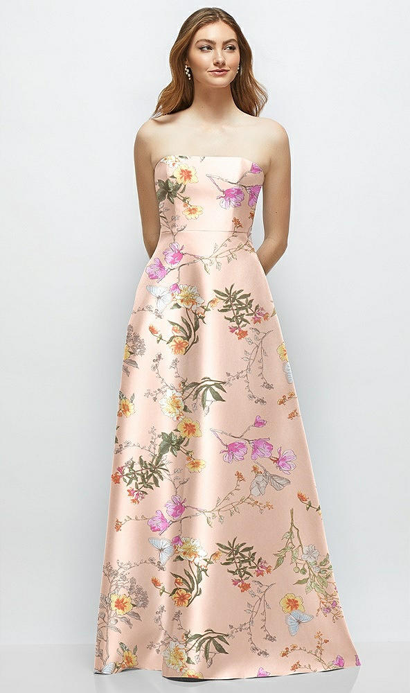 Front View - Butterfly Botanica Pink Sand Strapless Floral Satin Gown with Full Skirt and Covered Buttons at Back