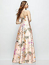 Rear View Thumbnail - Butterfly Botanica Pink Sand Strapless Floral Satin Gown with Full Skirt and Covered Buttons at Back