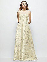 Front View Thumbnail - Butter Yellow Floral Strapless Floral Satin Gown with Full Skirt and Covered Buttons at Back