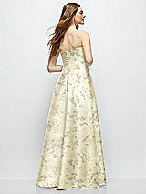 Rear View Thumbnail - Butter Yellow Floral Strapless Floral Satin Gown with Full Skirt and Covered Buttons at Back