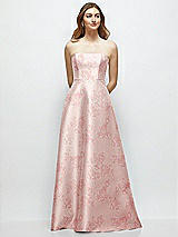 Front View Thumbnail - Bow And Blossom Print Strapless Floral Satin Gown with Full Skirt and Covered Buttons at Back