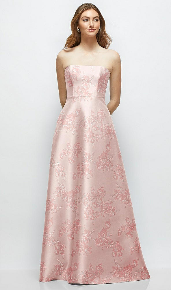 Front View - Bow And Blossom Print Strapless Floral Satin Gown with Full Skirt and Covered Buttons at Back
