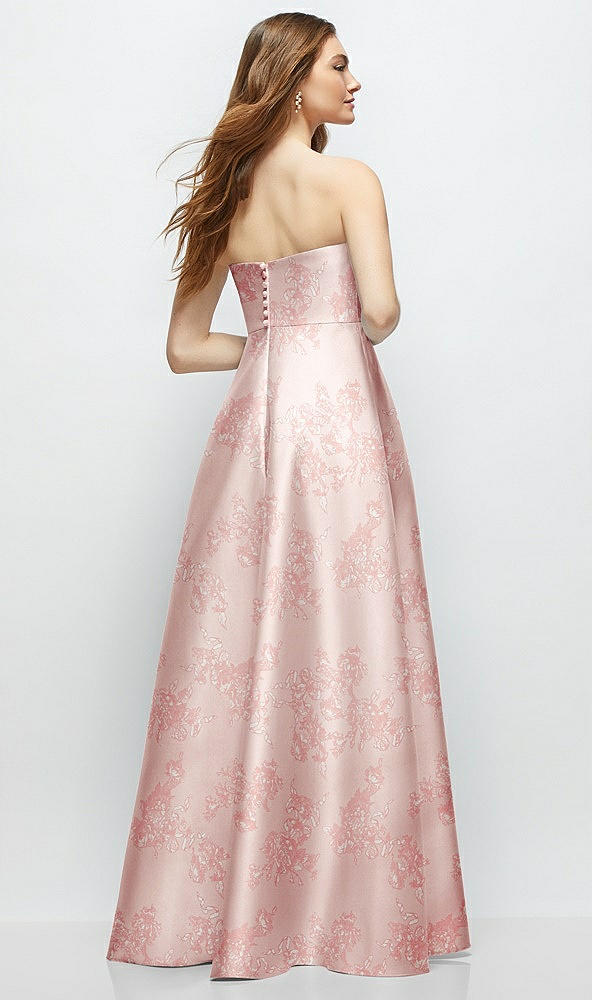 Back View - Bow And Blossom Print Strapless Floral Satin Gown with Full Skirt and Covered Buttons at Back