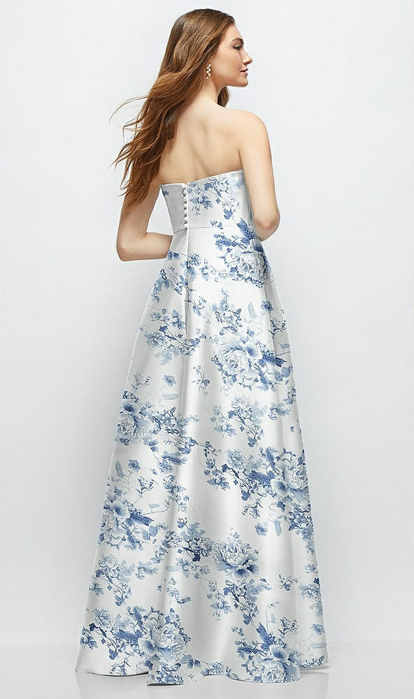 Back View - Cottage Rose Larkspur Strapless Floral Satin Gown with Full Skirt and Covered Buttons at Back