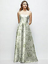 Front View Thumbnail - Sage Cottage Rose Strapless Floral Satin Gown with Full Skirt and Covered Buttons at Back