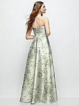 Rear View Thumbnail - Sage Cottage Rose Strapless Floral Satin Gown with Full Skirt and Covered Buttons at Back