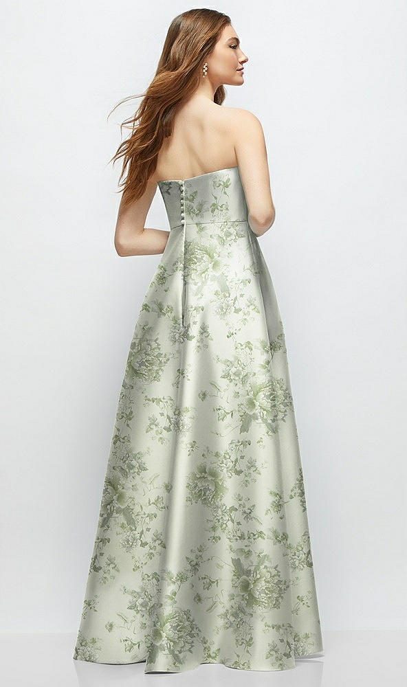 Back View - Sage Cottage Rose Strapless Floral Satin Gown with Full Skirt and Covered Buttons at Back