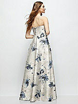 Rear View Thumbnail - Inkwash Blue Floral Strapless Floral Satin Gown with Full Skirt and Covered Buttons at Back