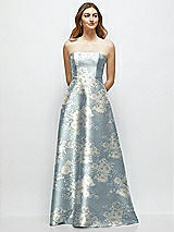 Front View Thumbnail - Porcelain Blue Seraphina Floral Strapless Floral Satin Gown with Full Skirt and Covered Buttons at Back