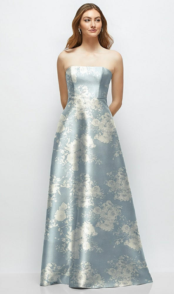 Front View - Porcelain Blue Seraphina Floral Strapless Floral Satin Gown with Full Skirt and Covered Buttons at Back