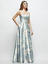 Side View Thumbnail - Porcelain Blue Seraphina Floral Strapless Floral Satin Gown with Full Skirt and Covered Buttons at Back
