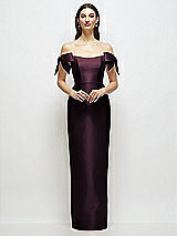 Front View Thumbnail - Deep Plum Basque-Neck Satin Column Maxi Dress with Off-the-Shoulder Bows