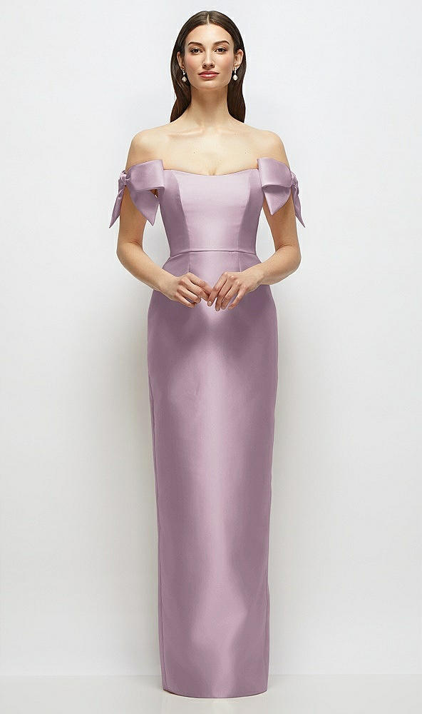 Front View - Suede Rose Basque-Neck Satin Column Maxi Dress with Off-the-Shoulder Bows