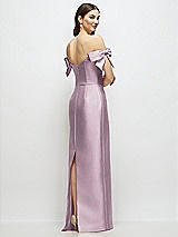 Rear View Thumbnail - Suede Rose Basque-Neck Satin Column Maxi Dress with Off-the-Shoulder Bows