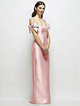 Side View Thumbnail - Ballet Pink Basque-Neck Satin Column Maxi Dress with Off-the-Shoulder Bows