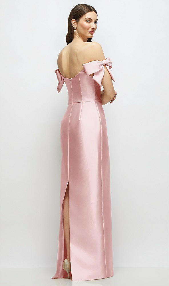 Back View - Ballet Pink Basque-Neck Satin Column Maxi Dress with Off-the-Shoulder Bows