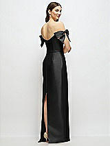 Rear View Thumbnail - Black Basque-Neck Satin Column Maxi Dress with Off-the-Shoulder Bows