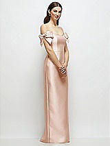 Side View Thumbnail - Cameo Basque-Neck Satin Column Maxi Dress with Off-the-Shoulder Bows