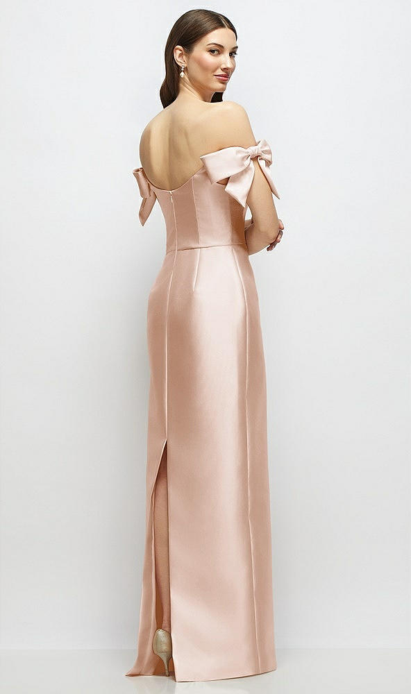 Back View - Cameo Basque-Neck Satin Column Maxi Dress with Off-the-Shoulder Bows