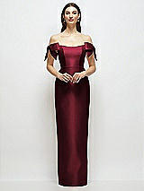 Front View Thumbnail - Cabernet Basque-Neck Satin Column Maxi Dress with Off-the-Shoulder Bows