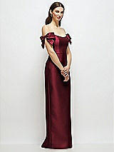 Side View Thumbnail - Cabernet Basque-Neck Satin Column Maxi Dress with Off-the-Shoulder Bows