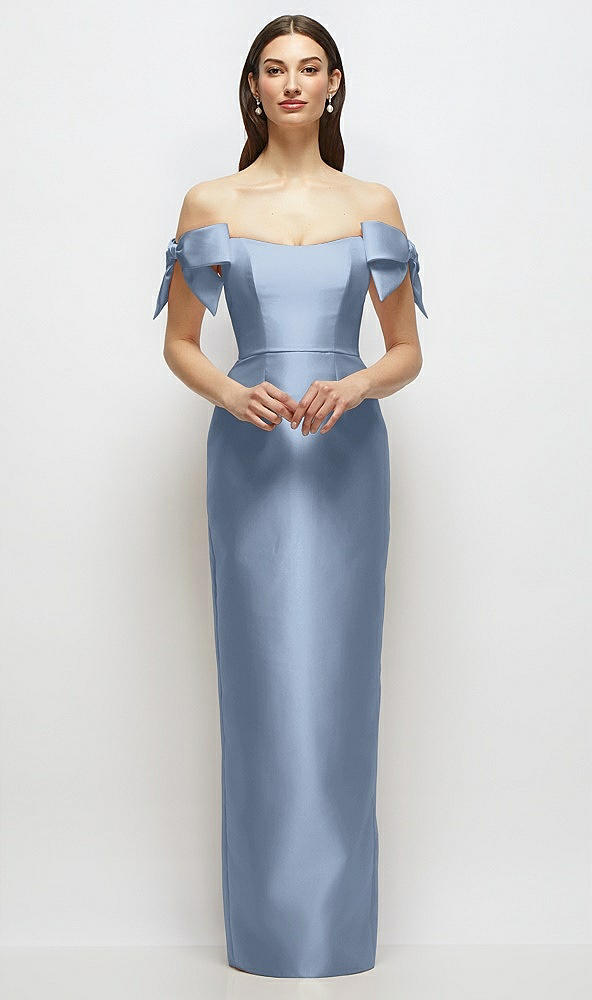 Front View - Cloudy Basque-Neck Satin Column Maxi Dress with Off-the-Shoulder Bows