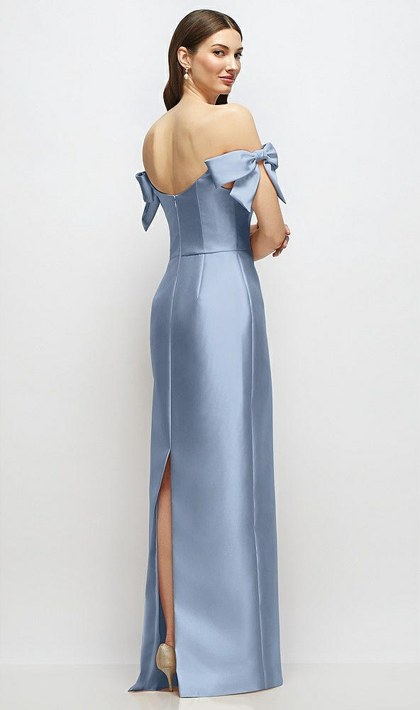Back View - Cloudy Basque-Neck Satin Column Maxi Dress with Off-the-Shoulder Bows