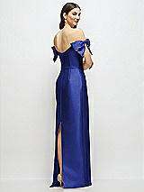 Rear View Thumbnail - Cobalt Blue Basque-Neck Satin Column Maxi Dress with Off-the-Shoulder Bows
