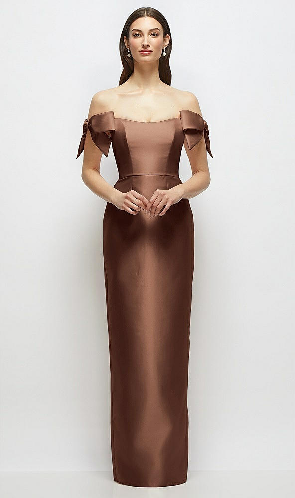 Front View - Cognac Basque-Neck Satin Column Maxi Dress with Off-the-Shoulder Bows
