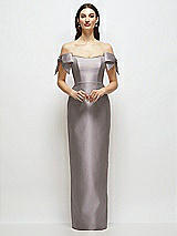 Front View Thumbnail - Cashmere Gray Basque-Neck Satin Column Maxi Dress with Off-the-Shoulder Bows