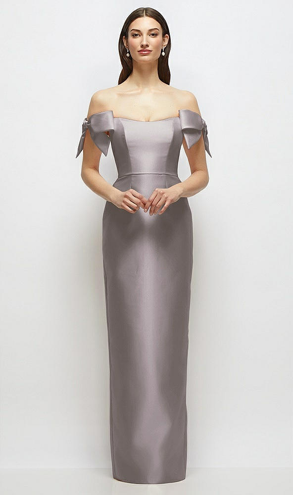Front View - Cashmere Gray Basque-Neck Satin Column Maxi Dress with Off-the-Shoulder Bows