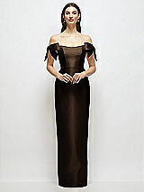 Front View Thumbnail - Espresso Basque-Neck Satin Column Maxi Dress with Off-the-Shoulder Bows