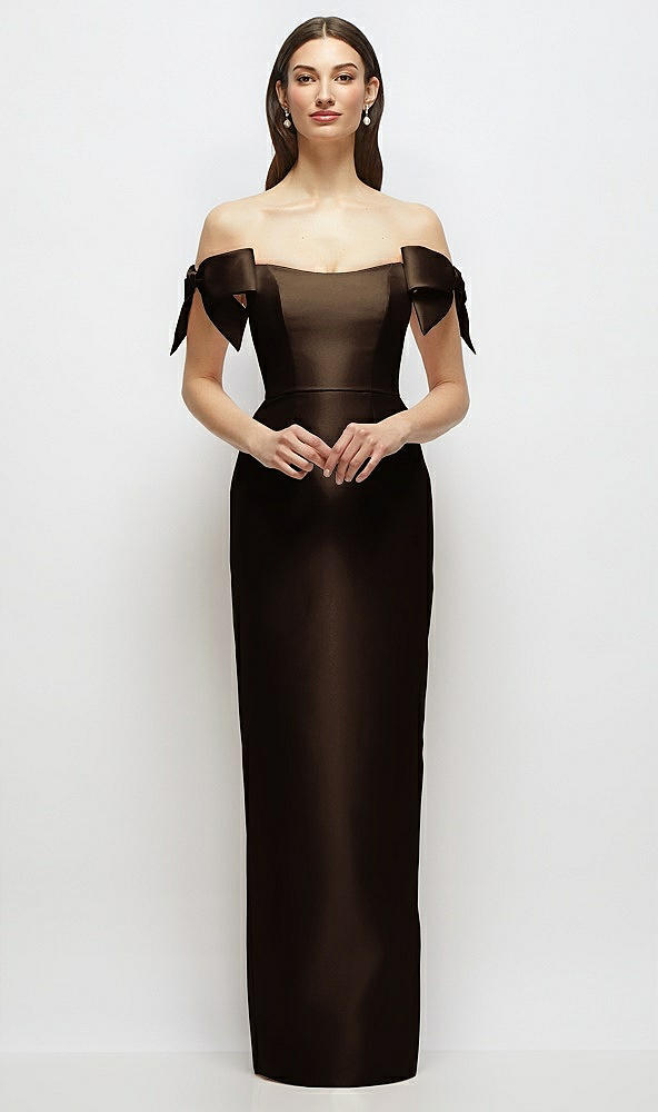 Front View - Espresso Basque-Neck Satin Column Maxi Dress with Off-the-Shoulder Bows