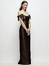 Side View Thumbnail - Espresso Basque-Neck Satin Column Maxi Dress with Off-the-Shoulder Bows