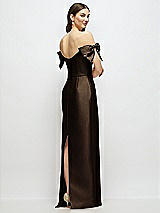 Rear View Thumbnail - Espresso Basque-Neck Satin Column Maxi Dress with Off-the-Shoulder Bows