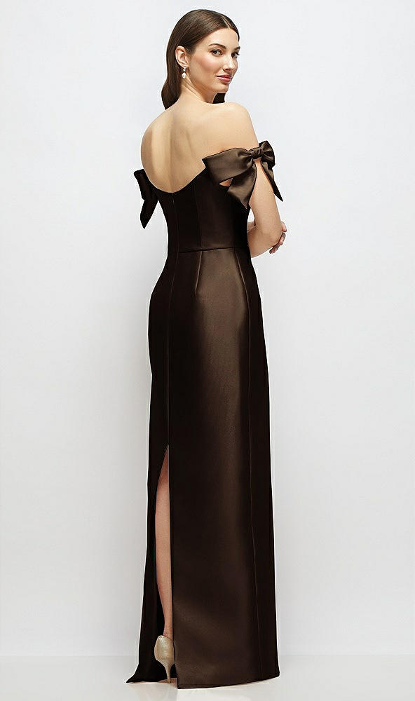 Back View - Espresso Basque-Neck Satin Column Maxi Dress with Off-the-Shoulder Bows