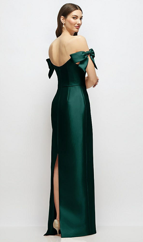 Back View - Evergreen Basque-Neck Satin Column Maxi Dress with Off-the-Shoulder Bows