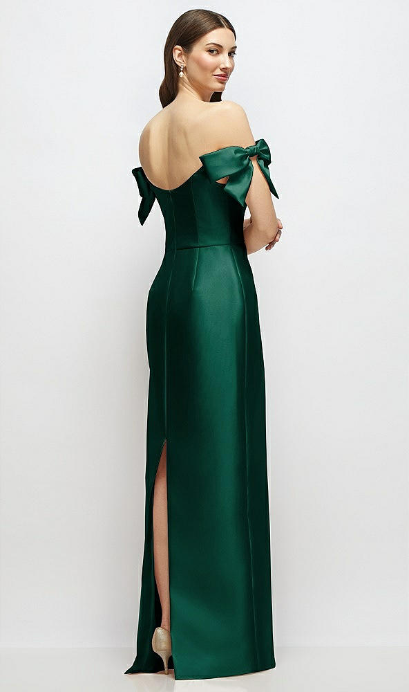 Back View - Hunter Green Basque-Neck Satin Column Maxi Dress with Off-the-Shoulder Bows