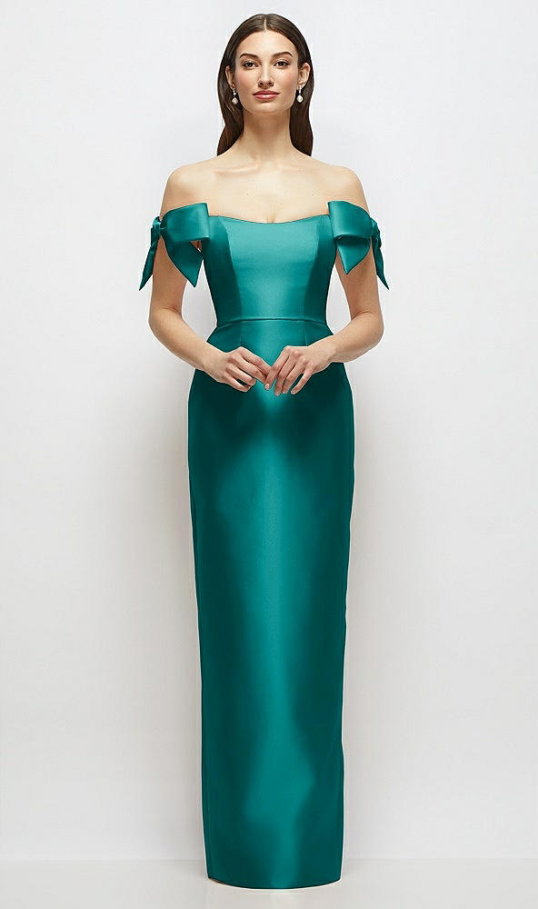 Front View - Jade Basque-Neck Satin Column Maxi Dress with Off-the-Shoulder Bows