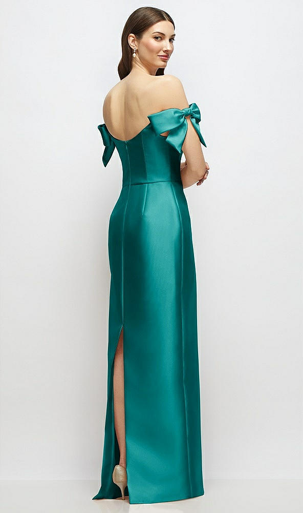 Back View - Jade Basque-Neck Satin Column Maxi Dress with Off-the-Shoulder Bows