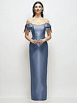 Front View Thumbnail - Larkspur Blue Basque-Neck Satin Column Maxi Dress with Off-the-Shoulder Bows