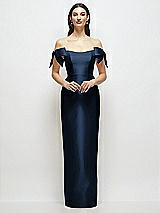 Front View Thumbnail - Midnight Navy Basque-Neck Satin Column Maxi Dress with Off-the-Shoulder Bows