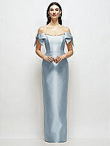 Front View Thumbnail - Mist Basque-Neck Satin Column Maxi Dress with Off-the-Shoulder Bows