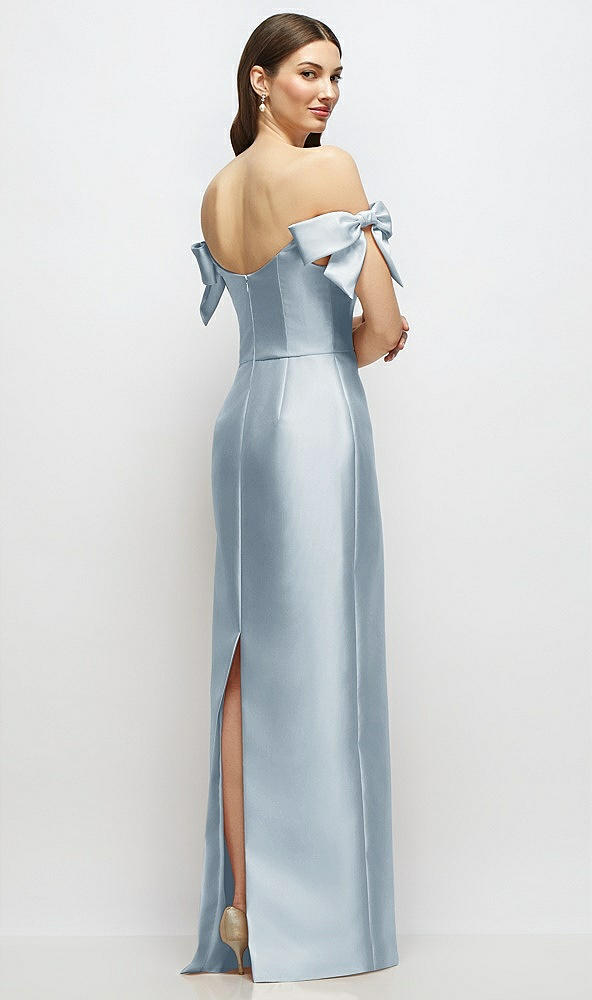 Back View - Mist Basque-Neck Satin Column Maxi Dress with Off-the-Shoulder Bows
