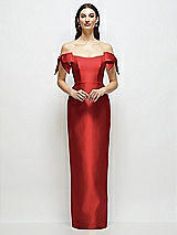Front View Thumbnail - Poppy Red Basque-Neck Satin Column Maxi Dress with Off-the-Shoulder Bows