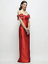 Side View Thumbnail - Poppy Red Basque-Neck Satin Column Maxi Dress with Off-the-Shoulder Bows