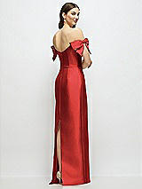 Rear View Thumbnail - Poppy Red Basque-Neck Satin Column Maxi Dress with Off-the-Shoulder Bows
