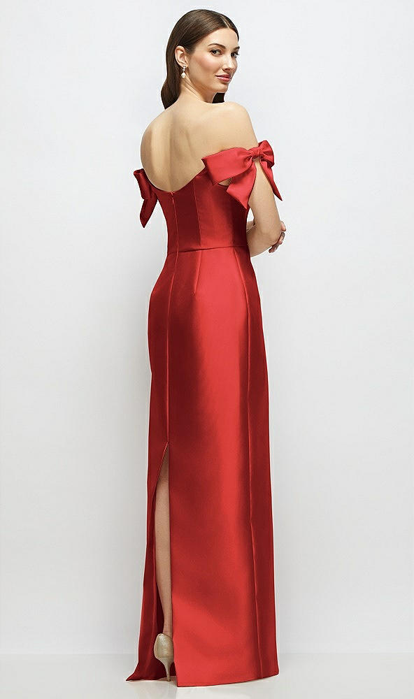 Back View - Poppy Red Basque-Neck Satin Column Maxi Dress with Off-the-Shoulder Bows