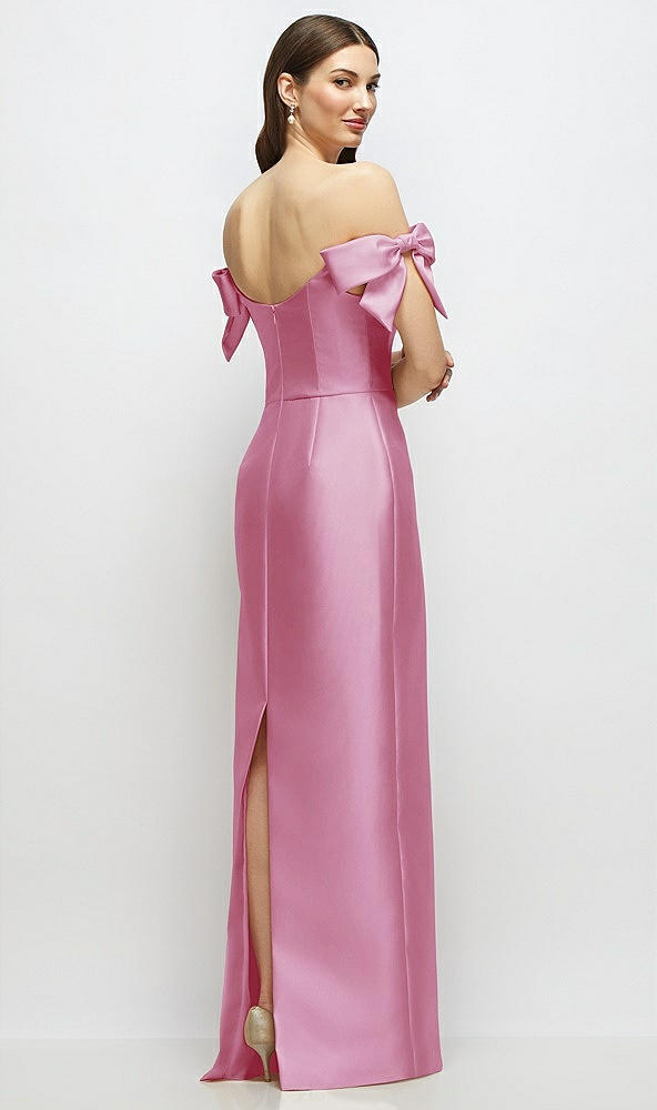 Back View - Powder Pink Basque-Neck Satin Column Maxi Dress with Off-the-Shoulder Bows