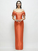 Front View Thumbnail - Portofino Orange Basque-Neck Satin Column Maxi Dress with Off-the-Shoulder Bows